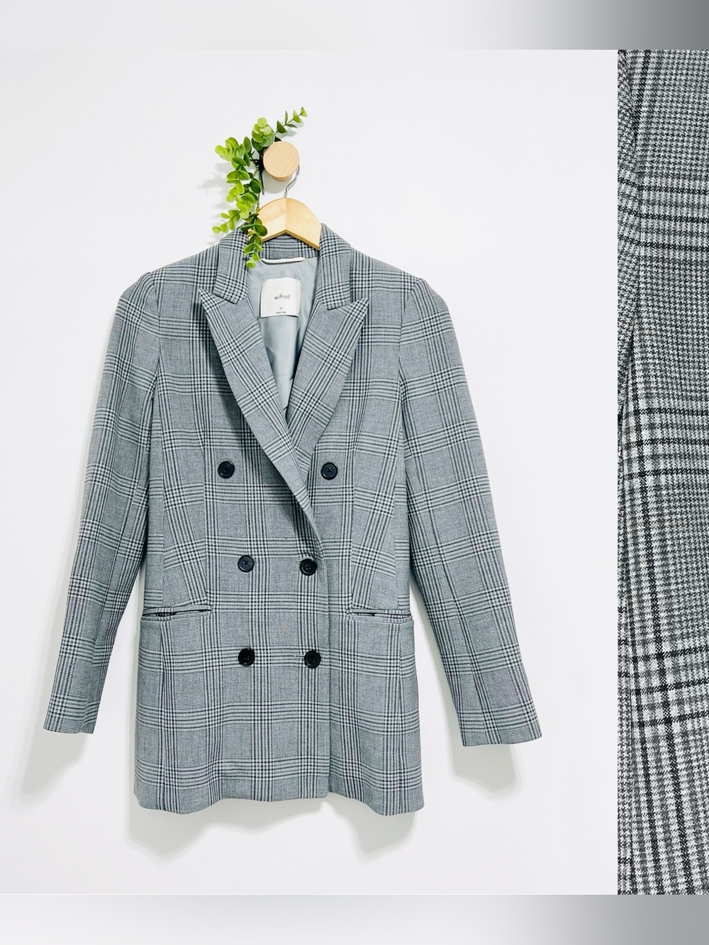 Wilfred Aritzia Gray Plaid Double Breasted School Boy Blazer